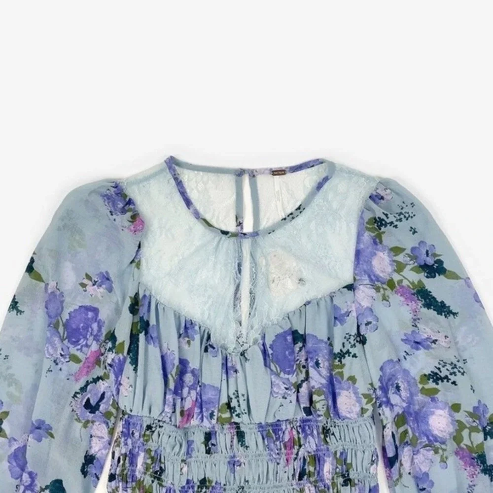 Free People Daphne Blouse Size S Blue Floral Lace Boho Cottage Girlcore Romantic